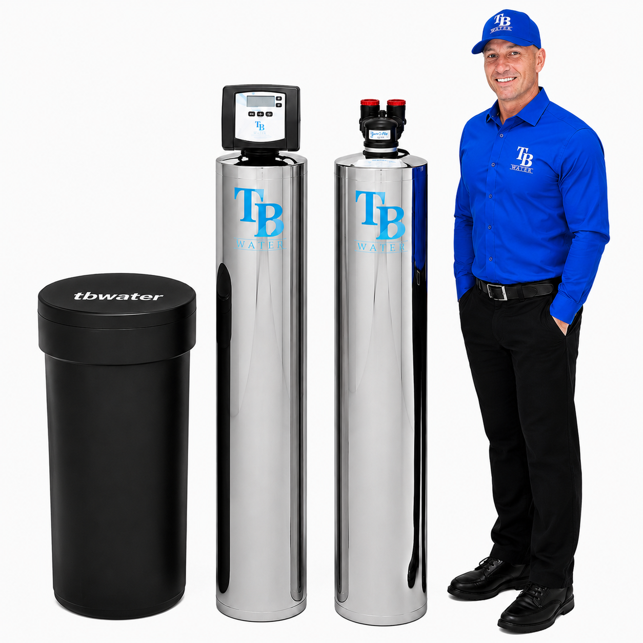Dave of TB Water Technologies standing with a Platinum ProSeries twin-tank whole home water treatment system
