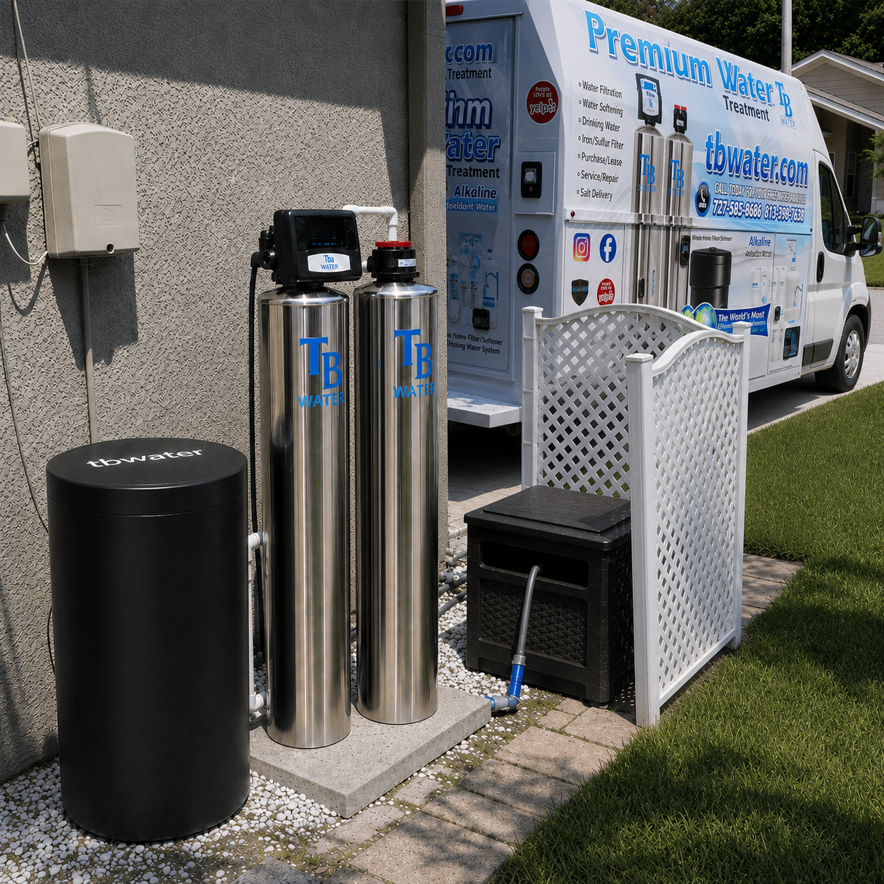 Stainless twin-tank system installed outside a home with the TB Water truck at the curb