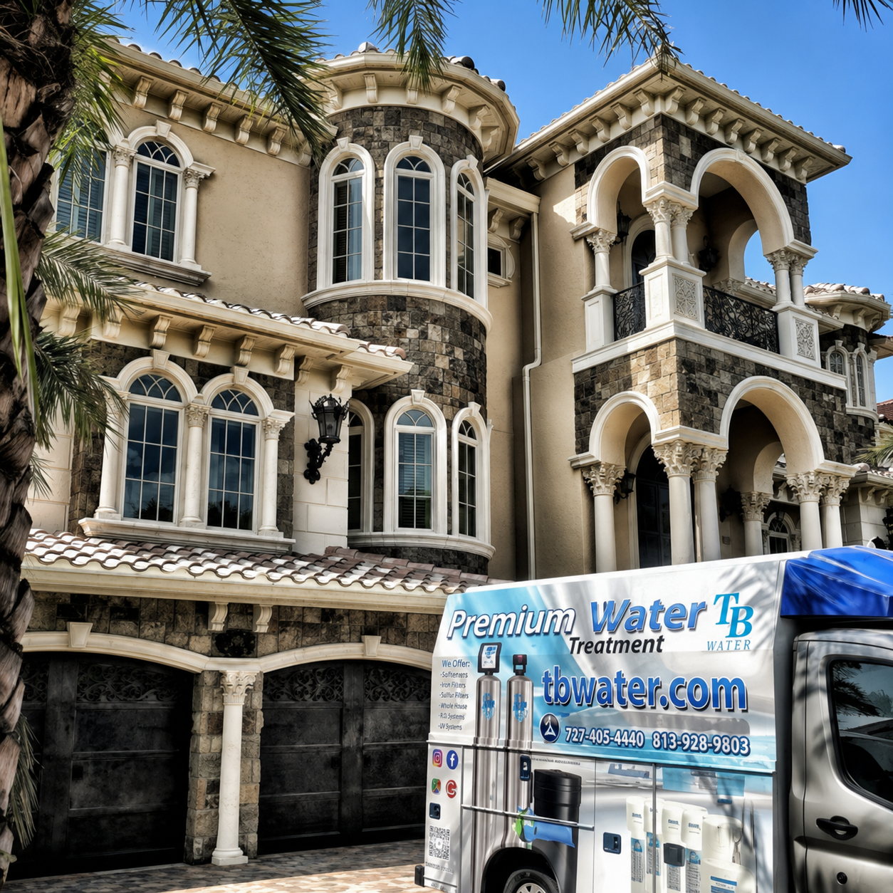 TB Water wrapped service truck outside a large Tampa Bay residence