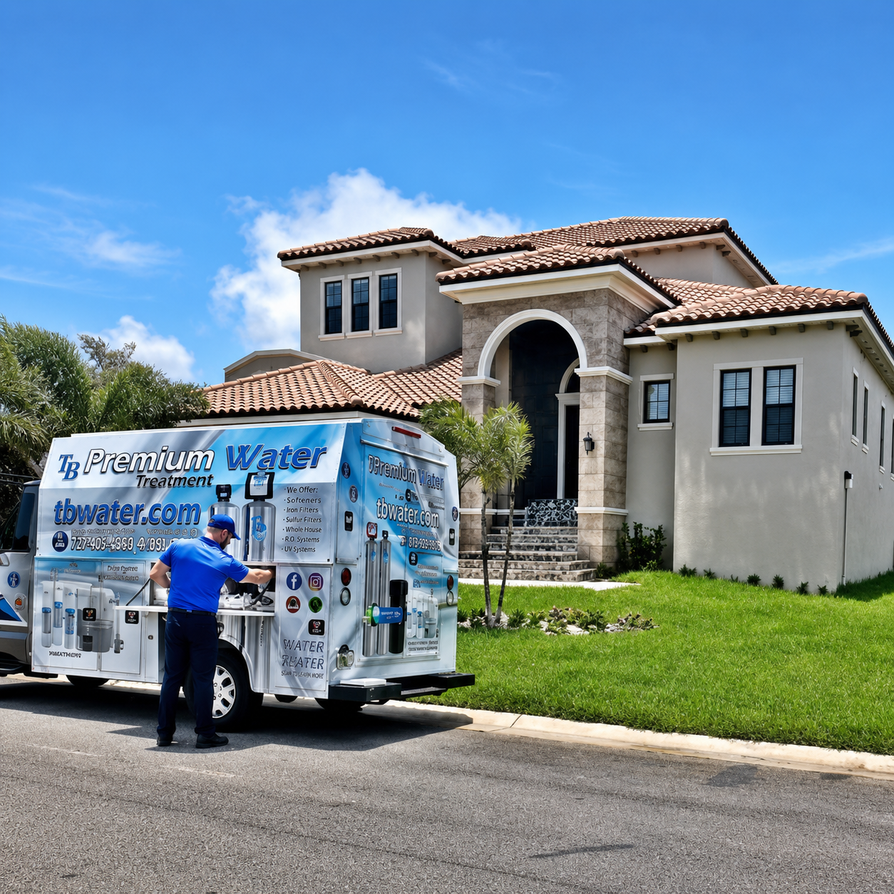 TB Water service truck parked in front of a Tampa Bay home during an installation